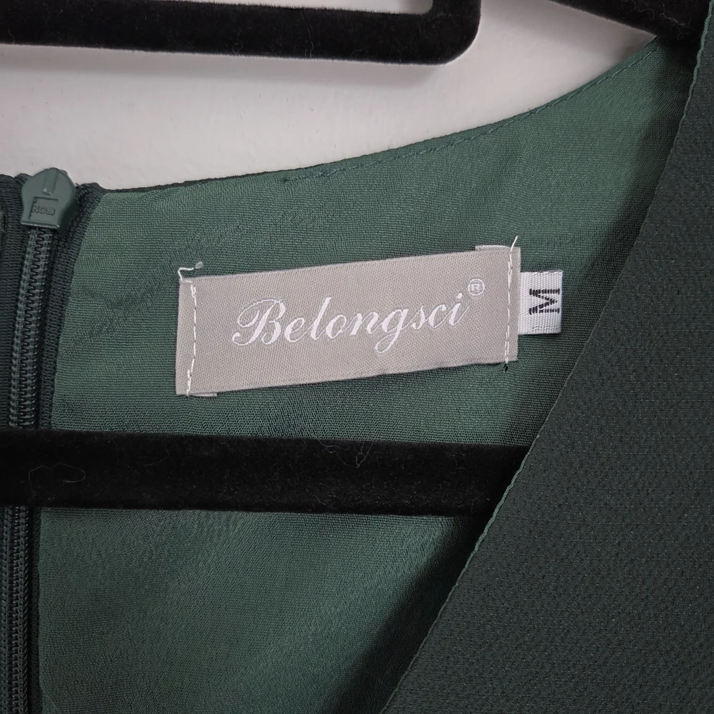 Belongsci Dark Green Loose Fit Shift Mini Dress 3/4 Tiered Bell Sleeve Size M - Picture 2 of 10